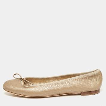 Pre Owned Gucci Gold Leather Interlocking G Detail Ballet Flats Size 38.5