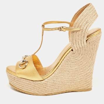 Pre Owned Gucci Metallic Leather Horsebit T-Strap Espadrille Platform Wedge Sandals Size 38