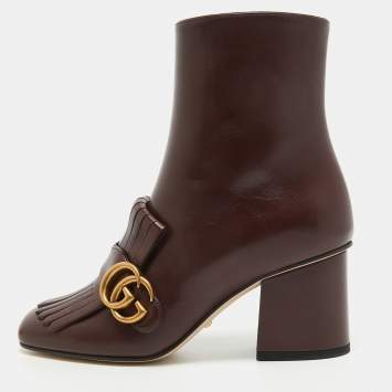Pre Owned Gucci Burgundy Leather GG Marmont Fringe Ankle Boots Size 35.5