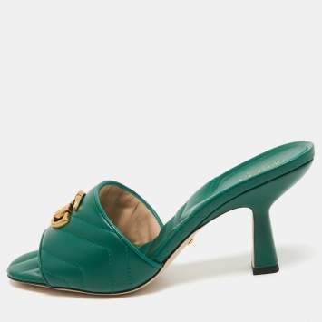 Pre Owned Gucci Green Matelassé Leather Double G Slide Sandals Size 39