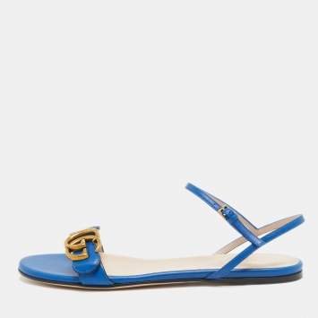 Pre Owned Gucci Blue Leather GG Marmont Flat Slides Size 37