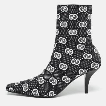 Pre Owned Gucci Black/White GG Knit Fabric Sock Ankle Boots Size 39.5