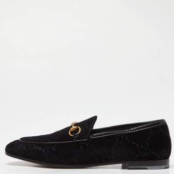 Pre Owned Gucci Black GG Tweed Jordaan Loafers Size 38