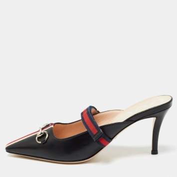 Pre Owned Gucci Black Leather Emma Mules Size 36.5