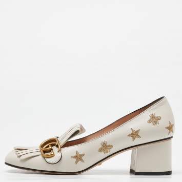 Pre Owned Gucci Beige Leather GG Marmont Fringe Detail Block Heel Pumps Size 40