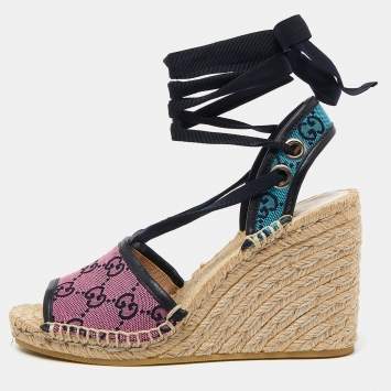 Pre Owned Gucci Tricolor GG Canvas Espadrille Wedge Ankle Tie Sandals Size 36.5