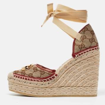 Pre Owned .Gucci Brown/Beige GG Canvas Pilar Wedge Platform Espadrille Ankle Wrap Pumps Size 36