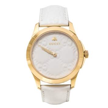 Pre Owned Gucci White Yellow Gold PVD Coated Stainless Steel Leather G-Timeless 126.4 Women's Wristwatch 38 mm