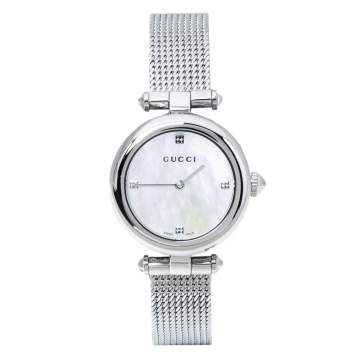 Pre Owned Gucci Mother Of Pearl Stainless Steel Diamantissima YA141504 Women's Wristwatch 27 mm