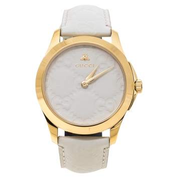 Pre Owned Gucci White Yellow Gold PVD Coated Stainless Steel Leather G-Timeless 126.4 Women's Wristwatch 38 mm