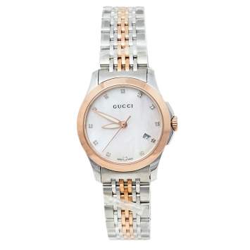 Pre Owned Gucci Mother Of Pearl Two-Tone Stainless Steel Diamonds G-Timeless YA126514 Women's Wristwatch 27 mm