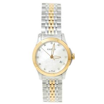 Pre Owned Gucci Mother Of Pearl Two-Tone Stainless Steel Diamond G-Timeless YA126513 Women's Wristwatch 27 mm