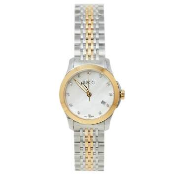 Pre Owned Gucci Mother Of Pearl Two-Tone Stainless Steel Diamond G-Timeless YA126513 Women's Wristwatch 27 mm