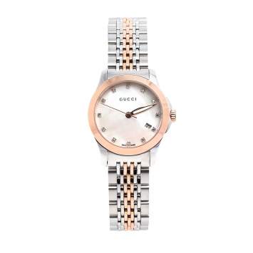 Pre Owned Gucci Mother Of Pearl Two-Tone Stainless Steel Diamonds G-Timeless YA126514 Women's Wristwatch 27 mm