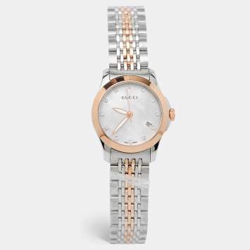 Pre Owned Gucci Mother Of Pearl Two-Tone Stainless Steel Diamonds G-Timeless YA126514 Women's Wristwatch 27 mm