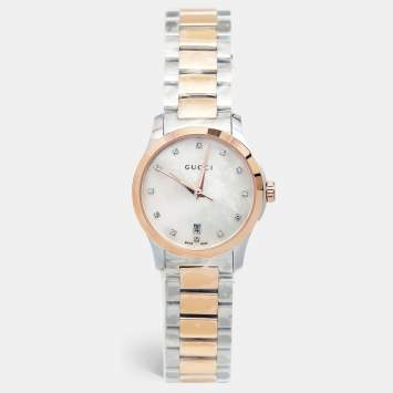 Pre Owned Gucci Mother of Pearl Two Tone Stainless Steel G-Timeless YA126544 Women's Wristwatch 27 mm