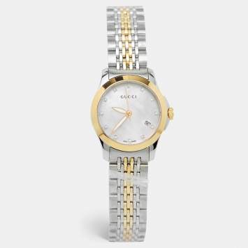 Pre Owned Gucci Mother Of Pearl Two-Tone Stainless Steel Diamond G-Timeless YA126513 Women's Wristwatch 27 mm