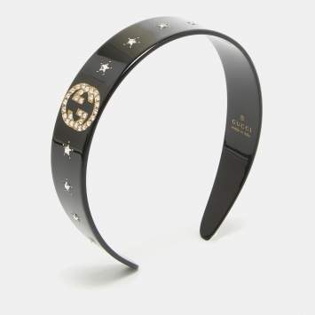 Pre Owned Gucci Black Crystals Embellished Resin Headband