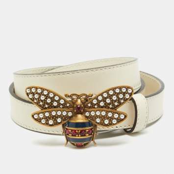 Pre Owned Gucci White Leather Queen Margaret Slim Belt 75CM