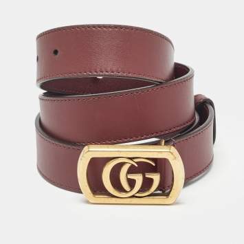 Pre Owned Gucci Burgundy Leather Framed Double G Buckle Belt 85 CM