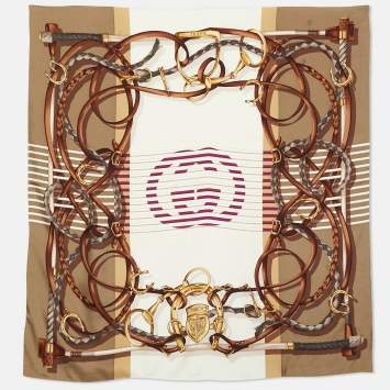 Pre Owned Gucci Brown GG Stirrup Print Silk Scarf