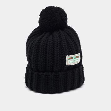 Pre Owned Gucci Black Rib Knit Wool Pom Pom Beanie M
