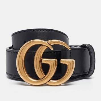 Pre Owned Gucci Black Leather GG Marmont Buckle Belt 75CM