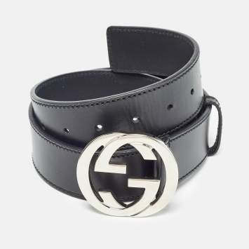 Pre Owned Gucci Black Leather Interlocking G Buckle Belt 85 CM