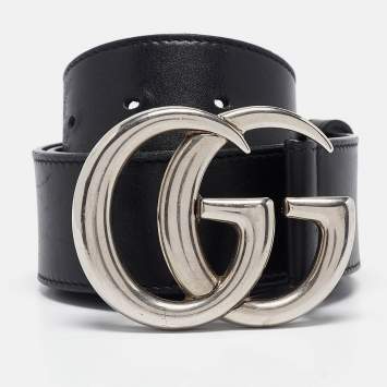 Pre Owned Gucci Black Leather GG Marmont Buckle Belt 90CM