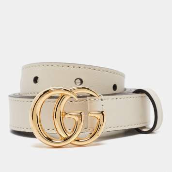 Pre Owned Gucci Off White Leather GG Marmont Buckle Slim Belt 75 CM