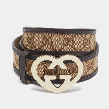 Pre Owned Gucci Beige/Brown GG Canvas and Leather Lovely Heart Buckle Belt 100 CM