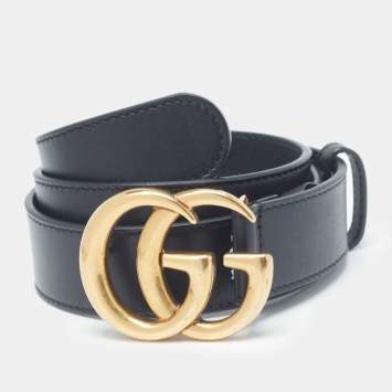 Pre Owned Gucci Black Leather GG Marmont Buckle Belt 75 CM