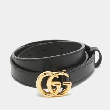 Pre Owned Gucci Black Leather GG Marmont Slim Belt 85 CM