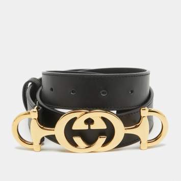 Pre Owned Gucci Black Leather Zumi Buckle Belt 85 CM