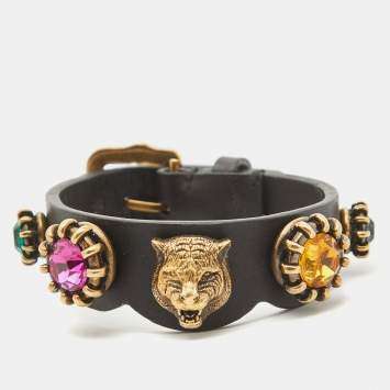 Pre Owned Gucci Feline Crystals Gold Tone Leather Bracelet