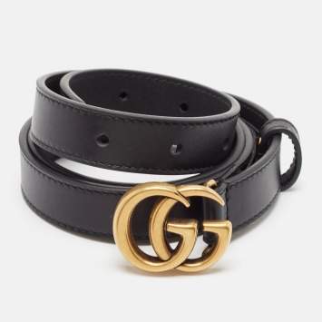 Pre Owned Gucci Black Leather GG Marmont Slim Belt 80 CM