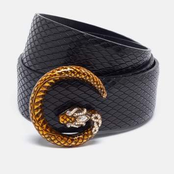 Pre Owned Gucci Black Snakeskin Embossed Leather G Serpent Buckle Belt 80CM