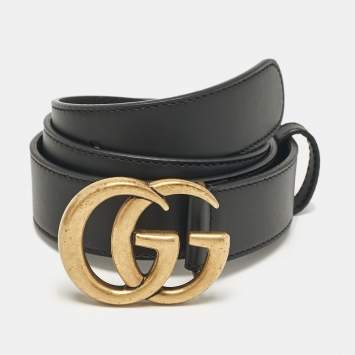 Pre Owned Gucci Black Leather GG Marmont Buckle Belt 80 CM
