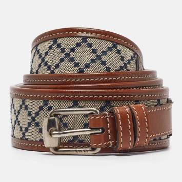 Pre Owned Gucci Beige/Brown Diamante Canvas and Leather Buckle Belt 105 CM