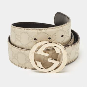 Pre Owned Gucci Off White Guccissima Leather Interlocking G Buckle Belt 85CM