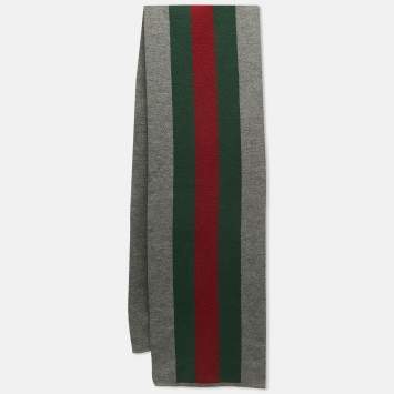 Pre Owned Gucci Grey Web Striped Wool & Silk Knit Stole