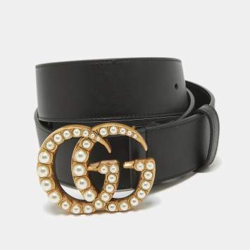 مملوكة مسبقًا Gucci Black Leather Pearl Embellished GG Marmont Belt 90CM