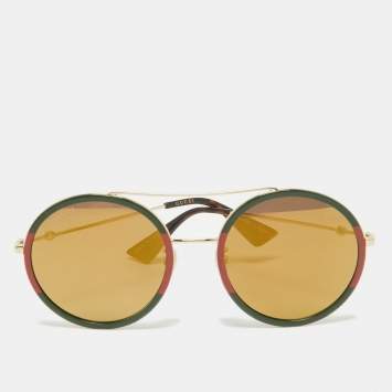 Pre Owned Gucci Green/Red Mirrored GG0061S Round Sunglasses