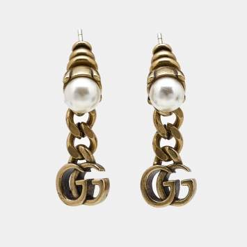 Pre Owned Gucci Double G Faux Pearl Gold Tone Earrings
