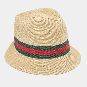 Pre Owned Gucci Brown Web Straw Fedora Hat 
