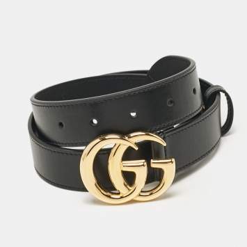 Pre Owned Gucci Black Leather GG Marmont Buckle Belt 80CM