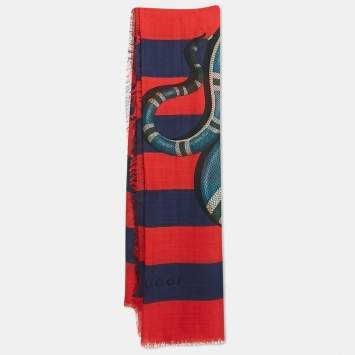 Pre Owned Gucci Red/Blue Kingsnake Print Stripe Silk Scarf 