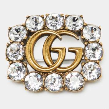 Pre Owned Gucci GG Crystals Aged Gold Tone Pin Brooch