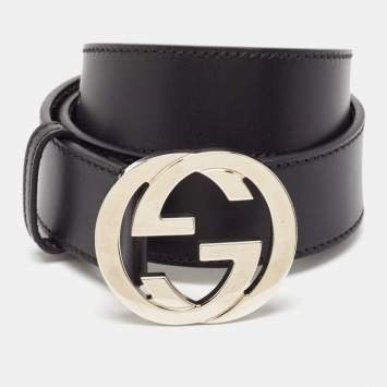 Pre Owned Gucci Black Leather Interlocking G Buckle Belt 80CM