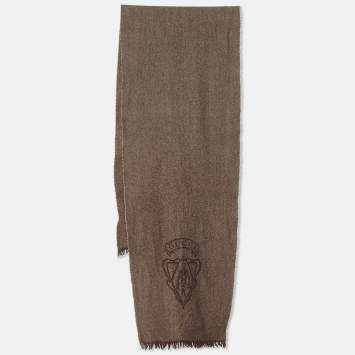 Pre Owned Gucci Brown Logo Detail Herringbone Wool Muffler